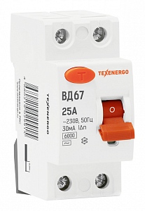 Выключатель дифференциального тока УЗО 2п 25А/30мА ВД-67 (TVD2-025S) Texenergo