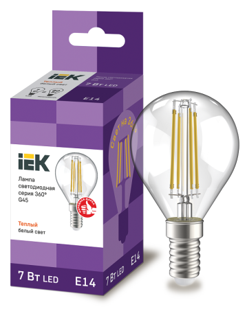 77_Лампа светодиод. 7/3000/Е14/G45 прозрачный шар филамент IEK