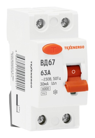 184_Выключатель дифференциального тока УЗО 2п 63А/30мА (электромеханическое) ВД-67 Texenergo