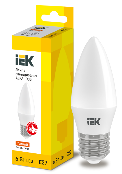 LLA-C35-6-230-30-E27_Лампа светодиодная  6Вт 3000К 540Лм E27 свеча IEK