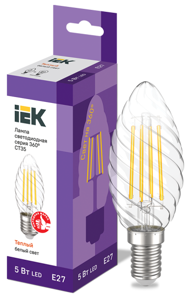 LLF-CT35-5-230-30-E27-CL_Лампа светодиодная  5Вт 3000К 600Лм E27 прозрачная свеча филамент IEK