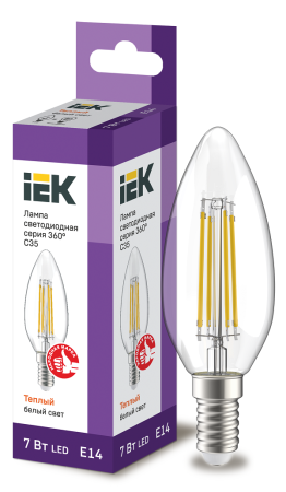 80_Лампа светодиод. 7/3000/Е14/С35 прозрачный свеча филамент IEK